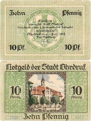 Лот №498,  Германия. Тюрингия. Город Ордруф. Нотгельд. 10 пфеннигов 1919 года. Погашен, перфорация UNGILTIG.