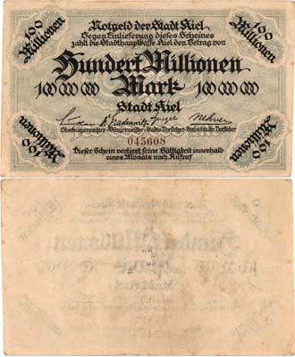 Лот №499,  Германия. Вемарская республика. Город Киль. Городской выпуск. 100000000 марок 1923 года. Нотгельд.