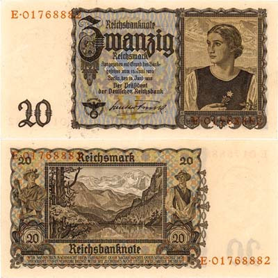 Лот №501,  Германия. Третий рейх. Рейхсбанкнота. 20 рейхсмарок 1939 года.