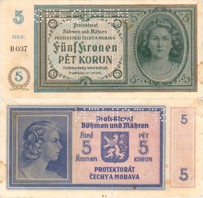 Лот №502,  Протекторат Богемия и Моравия. Германская оккупация Чехословакии. 5 крон образца 1940 года. SPECIMEN.