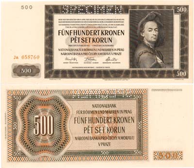 Лот №503,  Протекторат Богемия и Моравия. Германская оккупация Чехословакии. 500 крон 1942 года. SPECIMEN.