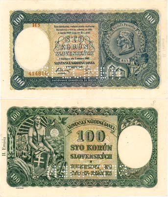 Лот №530,  Словакия. Республика. Словацкий народный банк. 100 крон 1940 года. Образец. SPECIMEN.