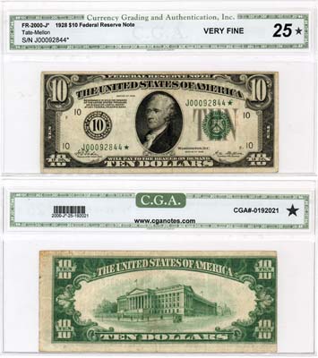 Лот №534,  США. 10 долларов серии 1928 года. Замещение № J 00092844+. Номер 10 (Канзас-Сити). В слабе CGA 25 Very Fine.