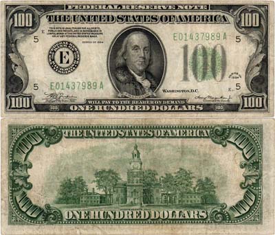 Лот №537,  США. 100 долларов серии 1934 года. Серия Е 01437989 А.