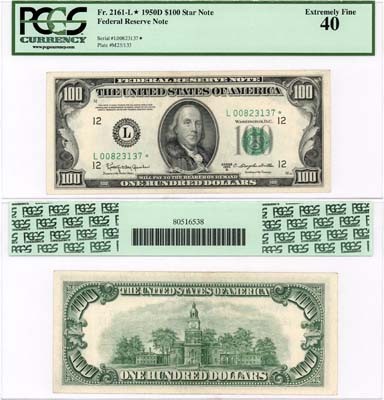 Лот №539,  США. 100 долларов серия 1950 D. Замещение L 00823137+. В слабе PCGS 40 Extremely Fine.