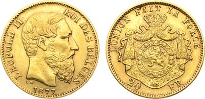 Лот №224,  Королевство Бельгия. Король Леопольд II. 20 франков 1877 года.