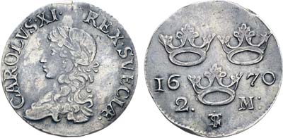 Лот №255,  Королевство Швеция. Король Карл XI. 2 марки 1670 года.