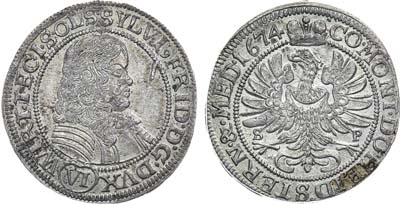Лот №256,  Германия. Герцогство Вюртемберг-Эльс (Силезия). Сильвий II Фридрих Вюртемберг-Эльс (герцог Олесницкий). 6 крейцеров 1674 года. SP.