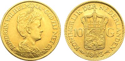 Лот №390,  Нидерланды. Королевство. Королева Вильгельмина. 10 гульденов 1913 года.