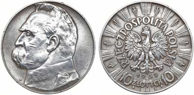 Лот №406,  Польша. Вторая Республика. 10 злотых 1939 года. Пилсудский.