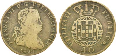 Лот №409,  Королевство Португалия. Король Жуан VI. 40 рейс 1820 года.