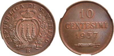 Лот №430,  Сан-Марино. Республика. 10 чентезимо 1937 года. В слабе CPRC MS 64 BN.