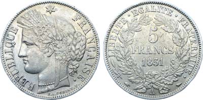 Лот №464,  Франция. Вторая республика. 5 франков 1851 года.