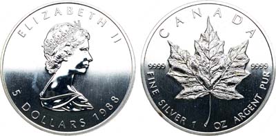 Лот №211,  Канада. 5 долларов 1988 года. Кленовый лист.