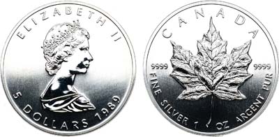 Лот №212,  Канада. 5 долларов 1989 года. Кленовый лист.