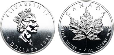 Лот №214,  Канада. 5 долларов 1991 года. Кленовый лист.