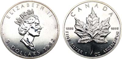 Лот №215,  Канада. 5 долларов 1992 года. Кленовый лист.