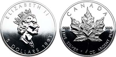 Лот №216,  Канада. 5 долларов 1993 года. Кленовый лист.