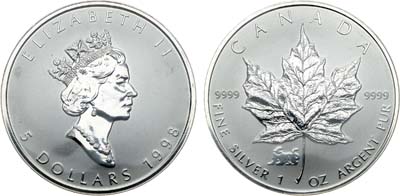Лот №220,  Канада. 5 долларов 1998 года. Кленовый лист.