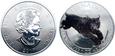 Лот №236,  Канада. Королева Елизавета II. 5 долларов 2017 года. Рысь.