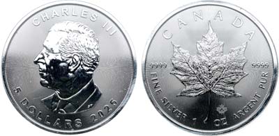 Лот №240,  Канада. Король Карл III. 5 долларов 2025 года. Кленовый лист (маленький лист под большим).