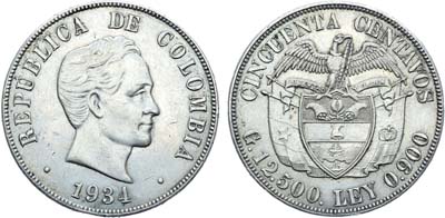 Лот №266,  Колумбия. Республика. 50 сентаво 1934 года.
