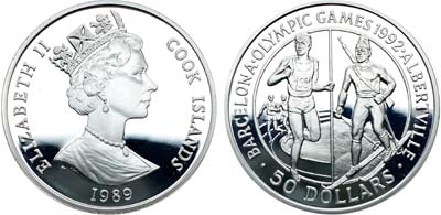 Лот №281,  Острова Кука. 50 долларов 1989 года. Летние и Зимние Олимпийские игры 1992 года.