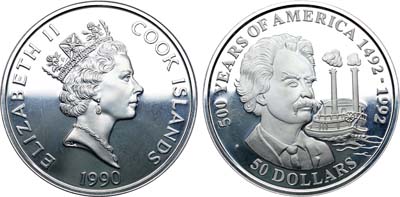 Лот №282,  Острова Кука. Королева Елизавета II. 50 долларов 1990 года. 500 лет открытию Америки - Марк Твен.