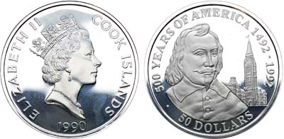 Лот №283,  Острова Кука. Елизавета II. 50 долларов 1990 года. 500 лет открытию Америки - Самюэль де Шамплен.