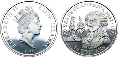 Лот №289,  Острова Кука. Королева Елизавета II. 50 долларов 1991 года. 500 лет открытию Америки - Жильбер Лафайет.