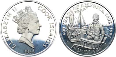 Лот №290,  Острова Кука. Королева Елизавета II. 50 долларов 1991 года. 500 лет открытию Америки - Роберт Фултон.