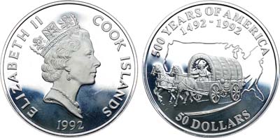 Лот №294,  Острова Кука. Королева Елизавета II. 50 долларов 1992 года. 500 лет открытию Америки - Орегонский маршрут.