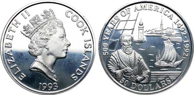 Лот №295,  Острова Кука. Королева Елизавета II. 50 долларов 1993 года. 500 лет открытию Америки - Диего Веласкес.