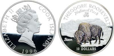 Лот №296,  Острова Кука. 10 долларов 1996 года. Национальный парк Теодора Рузвельта. Бизон.