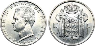 Лот №347,  Княжество Монако. Князь Ранье III. 5 франков 1960 года.