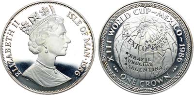 Лот №351,  Остров Мэн. Королева Елизавета II. 1 крона 1986 года.  Чемпионат мира по футболу 1986, Мексика (карта).