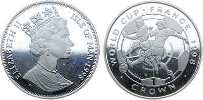 Лот №352,  Остров Мэн. Королева Елизавета II. 1 крона 1998 года. Чемпионат мира по футболу 1998, Франция (удар ногой по мячу).
