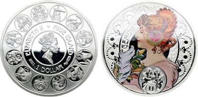 Лот №364,  Ниуэ. Королева Елизавета II. 1 доллар 2011 года. Знаки зодиака. Близнецы.