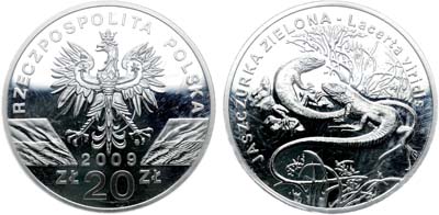 Лот №386,  Польша. Третья республика. 20 злотых 2009 года. Всемирная природа. Зелёная ящерица.