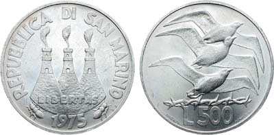 Лот №400,  Сан-Марино. Республика. 500 лир 1975 года. Любовь у животных.