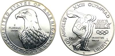 Лот №419,  США. 1 доллар 1983 года. XXIII летние Олимпийские игры в Лос-Анжелесе. Дискобол.
