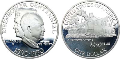 Лот №425,  США. 1 доллар 1990 года. 100 лет со дня рождения Дуайта Эйзенхауэра.