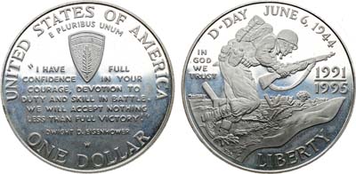 Лот №433,  США. 1 доллар 1995 года. 50 лет со дня окончания Второй Мировой войны.