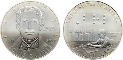 Лот №439,  США. 1 доллар 2009 года. 200 лет со дня рождения Луи Брайля.
