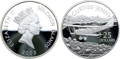 Лот №444,  Соломоновы Острова. Королева Елизавета II. 25 долларов 2003 года. Самолёты - Curtiss JN-4 Jenny.