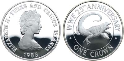 Лот №464,  Тёркс и Кайкос. Королева Елизавета II. 1 крона 1988 года. 25 лет Фонду дикой природы.