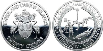 Лот №465,  Тёркс и Кайкос. Королева Елизавета II. 20 крон 1992 года.  Олимпийские игры Барселона 1992 и Альбервиль 1992 (лыжи, штанг, прыжки в высоту, бобслей).