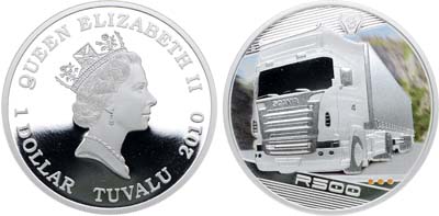 Лот №477,  Тувалу. Королева Елизавета II. 1 доллар 2010 года. Грузовики - Scania R500.