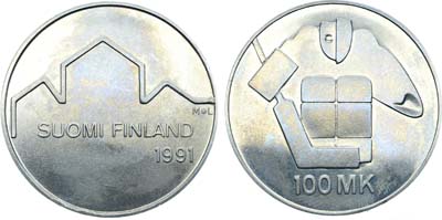 Лот №487,  Финляндия. Республика. 100 марок 1991 года.  Чемпионат мира по хоккею.