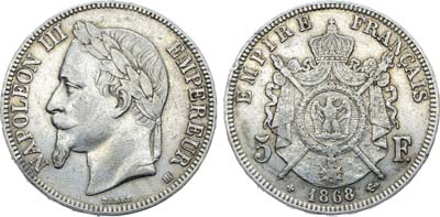 Лот №495,  Франция. Империя. Император Наполеон III. 5 франков 1868 года.